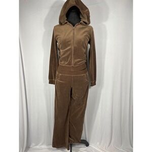 Vtg 90s Y2K Brown Glitter Trim Velour Tracksuit Hoodie Pants Set Girls XL Wms Sm